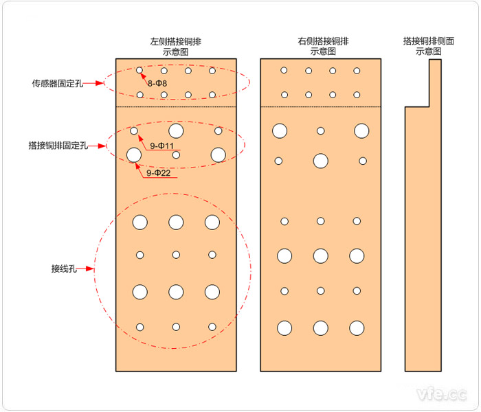 搭接銅排開孔示意圖 搭接銅排開孔示意圖